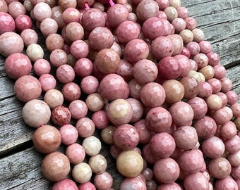 Perles à facettes en rhodonite, brins de 39 cm, pierre naturelle, 4 mm, 6 mm, 8 mm, perles en vrac pour bijoux, bracelet, collier, fabrication de Mala