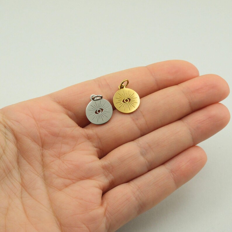 Evil Eye Charms Stainless Steel Gold Silver - 12mm Sunburst Coin Pendant for DIY Jewelry Making - Waterproof Celestial Boho Supplies Bulk image 10