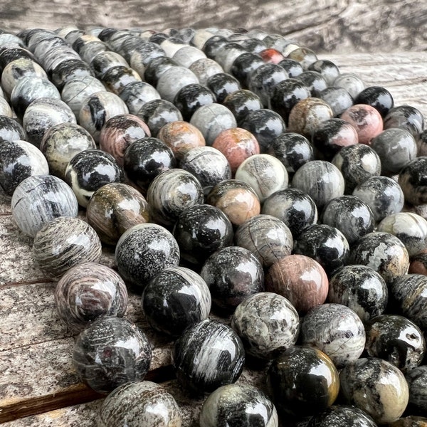 Perles de jaspe en feuille d'argent noir 6 mm 8 mm 10 mm 39 cm brin AA qualité perles naturelles en vrac pour bijoux bracelet collier Mala Crafting