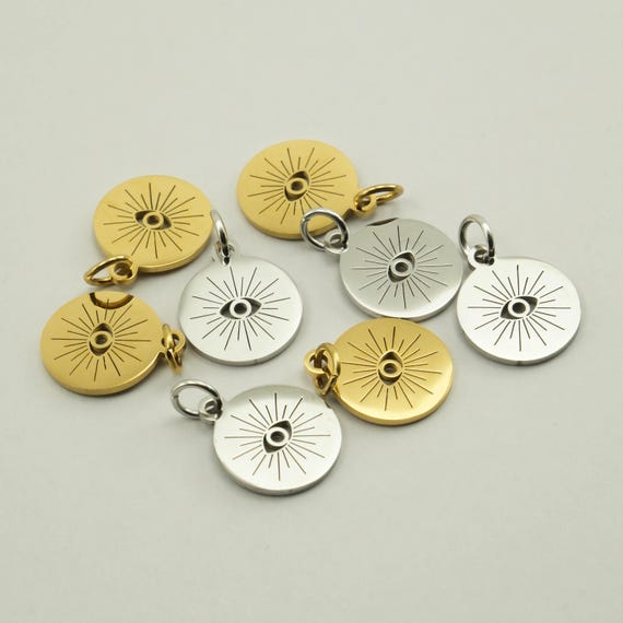 Evil Eye Charms Stainless Steel Gold Silver - 12mm Sunburst Coin Pendant for DIY Jewelry Making - Waterproof Celestial Boho Supplies Bulk