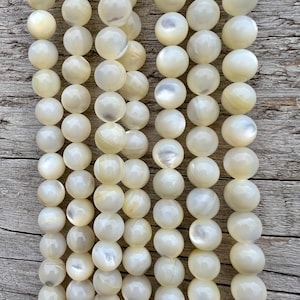Könnte beinhalten: Eine Strähne runder Muschelperlen in Weiß und Creme. Die Perlen haben einen Perlmuttglanz und sind auf einem durchsichtigen Faden aufgefädelt.