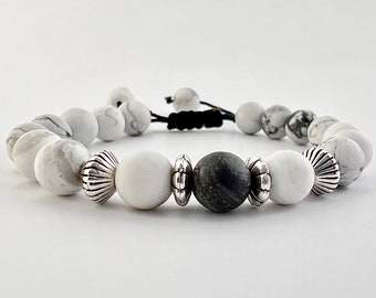 Adjustable Bracelet of Howlite Gemstone Beaded Wristlet for Men and Women Present for loved ones Birthday Gift Accessory Silver Plated Bead