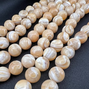 Op de afbeelding: Een streng witte en bruine schelp kralen. De kralen zijn rond en hebben een draaiende patroon.