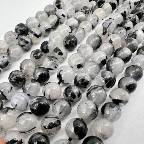 Perles de quartz rutilé noir 6 mm 8 mm, brins de 39 cm, quartz tourmaliné naturel, perles en vrac pour bijoux, bracelet, collier Mala Crafting