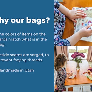 May include: A sensory bag with a strawberry print fabric, containing small items and a clear window. The bag is paired with an I Spy game card. Text on the image reads: Why our bags? The colors of items on the cards match what is in the bag.