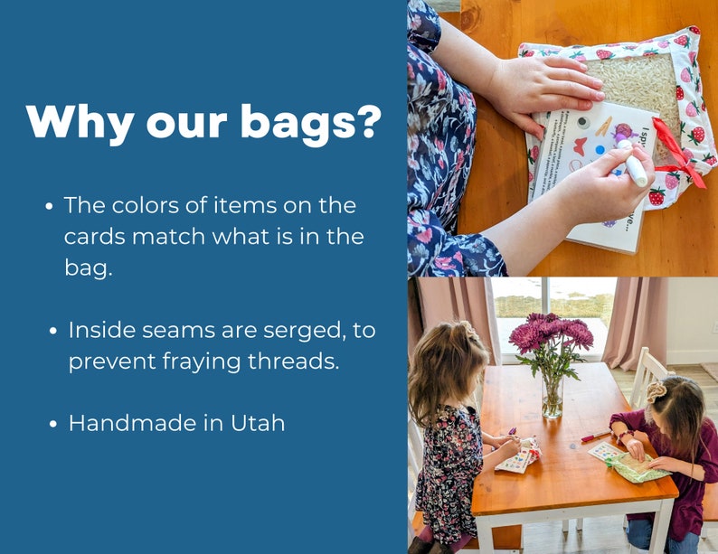 May include: A sensory bag with a strawberry print fabric, containing small items and a clear window. The bag is paired with an I Spy game card. Text on the image reads: Why our bags? The colors of items on the cards match what is in the bag.