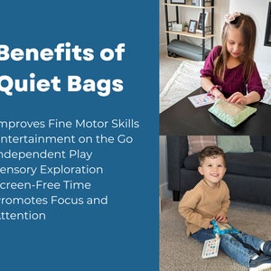 May include: A blue informational graphic titled Benefits of Quiet Bags listing six developmental advantages. The image features two children interacting with small, fabric-covered sensory pouches containing hidden objects and a printed card.
