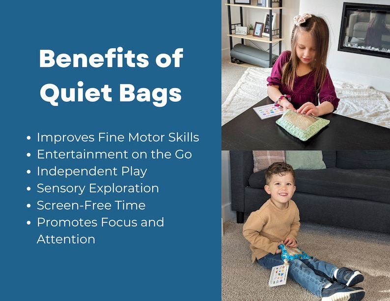 May include: A blue informational graphic titled Benefits of Quiet Bags listing six developmental advantages. The image features two children interacting with small, fabric-covered sensory pouches containing hidden objects and a printed card.