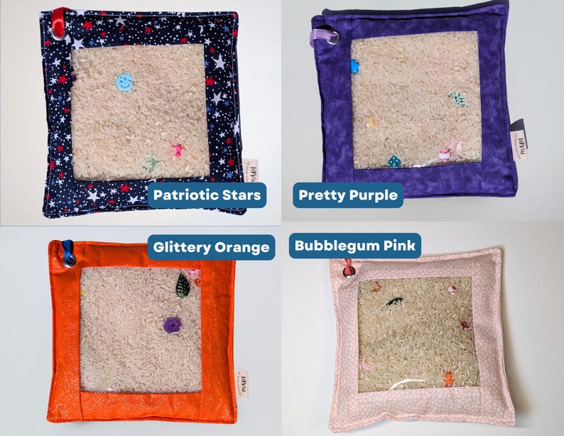 May include: Four square sensory pouches with clear vinyl windows filled with beige filler and small colorful trinkets. The fabric borders are navy with stars, solid purple, glittery orange, and light pink with a subtle white dot pattern.