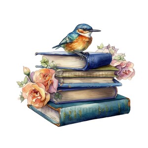 Books with Bird, Pdf, Svg, Png, Jpg, With Retro flowers, digital download, flowers Card Making, craft making, create your own design