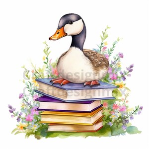 Svg oca su libri vintage, download di disegni di sublimazione, arte dell'oca, clipart uccello acquerello, clip art oca, PNG, JPG, SVG, Pdf, regalo oca