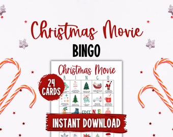 Bingo de películas navideñas con imágenes Juegos de películas navideñas Juegos imprimibles de películas navideñas Bingo de películas navideñas con queso PartyGamesandThings