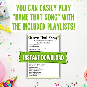 Puede incluir: Un juego imprimible "Adivina la canci&oacute;n" en verde y blanco con una lista de canciones populares. El juego incluye dos listas de reproducci&oacute;n con una variedad de artistas y g&eacute;neros. El texto "DESCARGA INSTANT&Aacute;NEA" se muestra en verde y blanco.