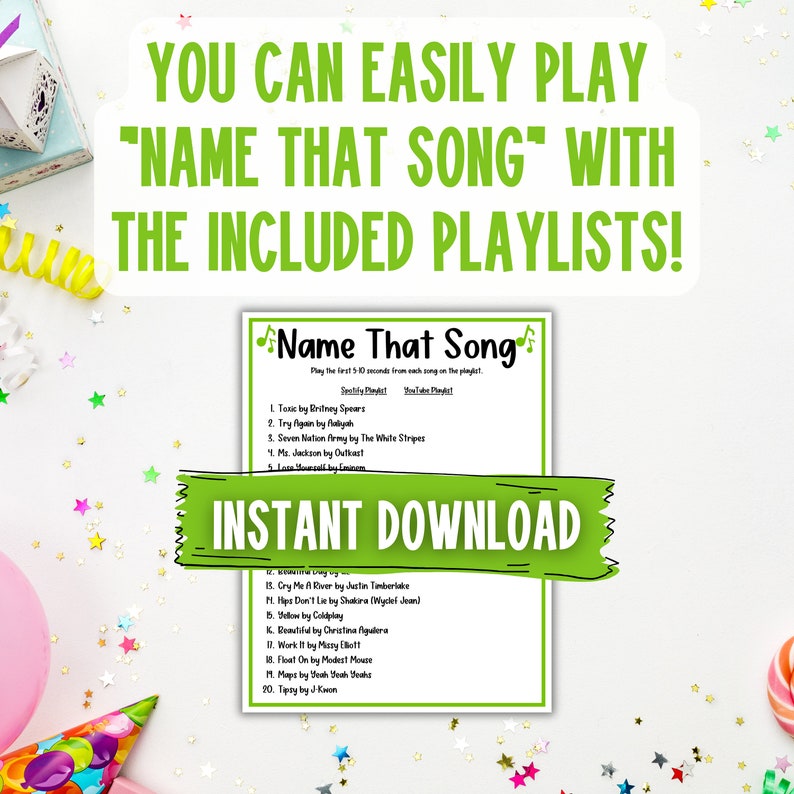 Puede incluir: Un juego imprimible "Adivina la canci&oacute;n" en verde y blanco con una lista de canciones populares. El juego incluye dos listas de reproducci&oacute;n con una variedad de artistas y g&eacute;neros. El texto "DESCARGA INSTANT&Aacute;NEA" se muestra en verde y blanco.