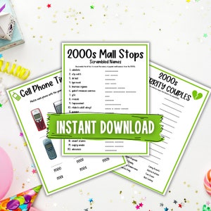 Puede incluir: Un juego imprimible con un fondo verde y el texto "2000s Mall Stops Scrambled Names". El juego incluye una lista de nombres revueltos de tiendas populares de centros comerciales de la d&eacute;cada de 2000. El juego tambi&eacute;n incluye un juego imprimible con un fondo verde y el texto "2000s Celebrity Couples".
