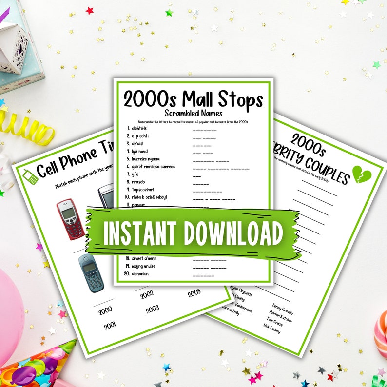 Puede incluir: Un juego imprimible con un fondo verde y el texto "2000s Mall Stops Scrambled Names". El juego incluye una lista de nombres revueltos de tiendas populares de centros comerciales de la d&eacute;cada de 2000. El juego tambi&eacute;n incluye un juego imprimible con un fondo verde y el texto "2000s Celebrity Couples".