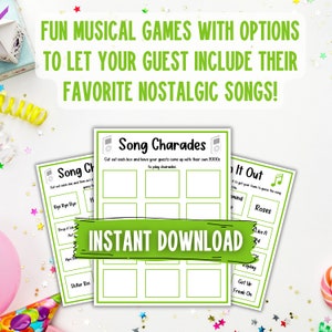 Puede incluir: Cartas de juego imprimibles con texto verde y blanco. Las cartas son para un juego musical llamado "Song Charades" y "Guess It Out". El texto en las cartas incluye t&iacute;tulos de canciones como "Bye Bye Rye", "Drop It Like It's Hot", "Sk8er Boi", "Roses", "Like A", "Replay", "Get Ur Freak On".