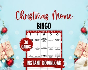 May include: A red and white Christmas movie bingo card with 30 cards. The card has a free space in the middle and squares with phrases like "Santa is mentioned or appears", "A Christmas party", "A lie is discovered", "Coffee or hot cocoa", "A fire in the fireplace", "Ice skating", "Bells ring", "Christmas songs play", and "Someone mentions the magic of Christmas".