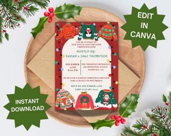 Modello di invito per la festa di Natale con maglione brutto (download digitale)