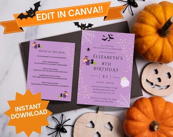 May include: Purple invitation with a spiderweb design and a witch holding a black cat. The text reads "Fly on over for a magical celebration! You're invited to Elizabeth's 8th Birthday Oct 31, 2024 3:00 PM - 8:00 PM Enchanted Forest Park 121 Broomstick Lane Spellbound City, NY RSVP by October 1st, 2024 Sarah 555-657-0143"