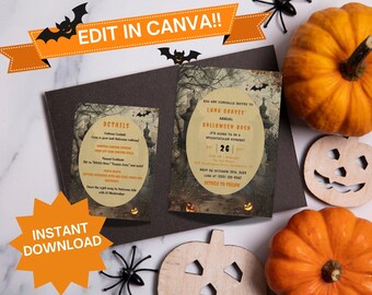 May include: Editable Halloween party invitation with a spooky graveyard scene. The invitation features the text "You are cordially invited to Luna Graves' Annual Halloween Bash. It's going to be a Spooktacular Evening!" with the date October 26th, 2023.