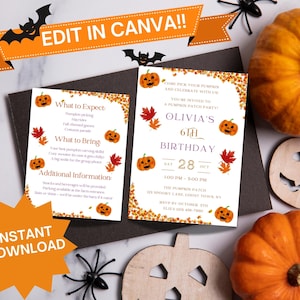 Könnte beinhalten: Bearbeitbare, druckbare Einladung zu einer Kürbis-Party zum 6. Geburtstag. Die Einladung zeigt einen Kürbis mit einem Kürbisgesicht, Herbstblätter und den Text "Olivia's 6th Birthday".