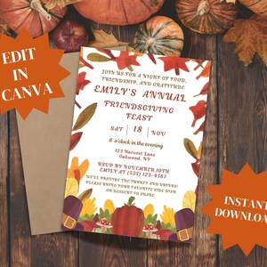 Friendsgiving Feast Invitation Template, Friendsgiving Dinner, Thanksgiving Dinner, Editable Thanksgiving Invitation, Instant download