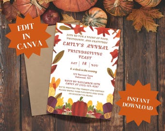 May include: An invitation to Emily's Annual Friendsgiving Feast on Saturday, November 18th at 6 o'clock in the evening. The invitation features a fall-themed design with leaves, pumpkins, and a pilgrim hat. The event will be held at 123 Harvest Lane, Oakwood, NY. RSVP by November 10th to (555) 123-4567. Guests are asked to bring a side dish or dessert to share.