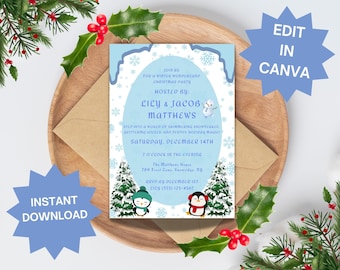 May include: A blue and white printable invitation for a winter wonderland Christmas party hosted by Lily & Jacob Matthews. The invitation features a snowman and penguins in a snowy forest setting. The text reads "Join us for a winter wonderland Christmas party hosted by: Lily & Jacob Matthews. Step into a world of shimmering snowflakes, glittering icicles, and festive holiday magic! Saturday, December 14th, 7 o'clock in the evening. The Matthews House, 769 Frost Lane, Snowville, NY. RSVP by December 1st, (555) 123-4567."