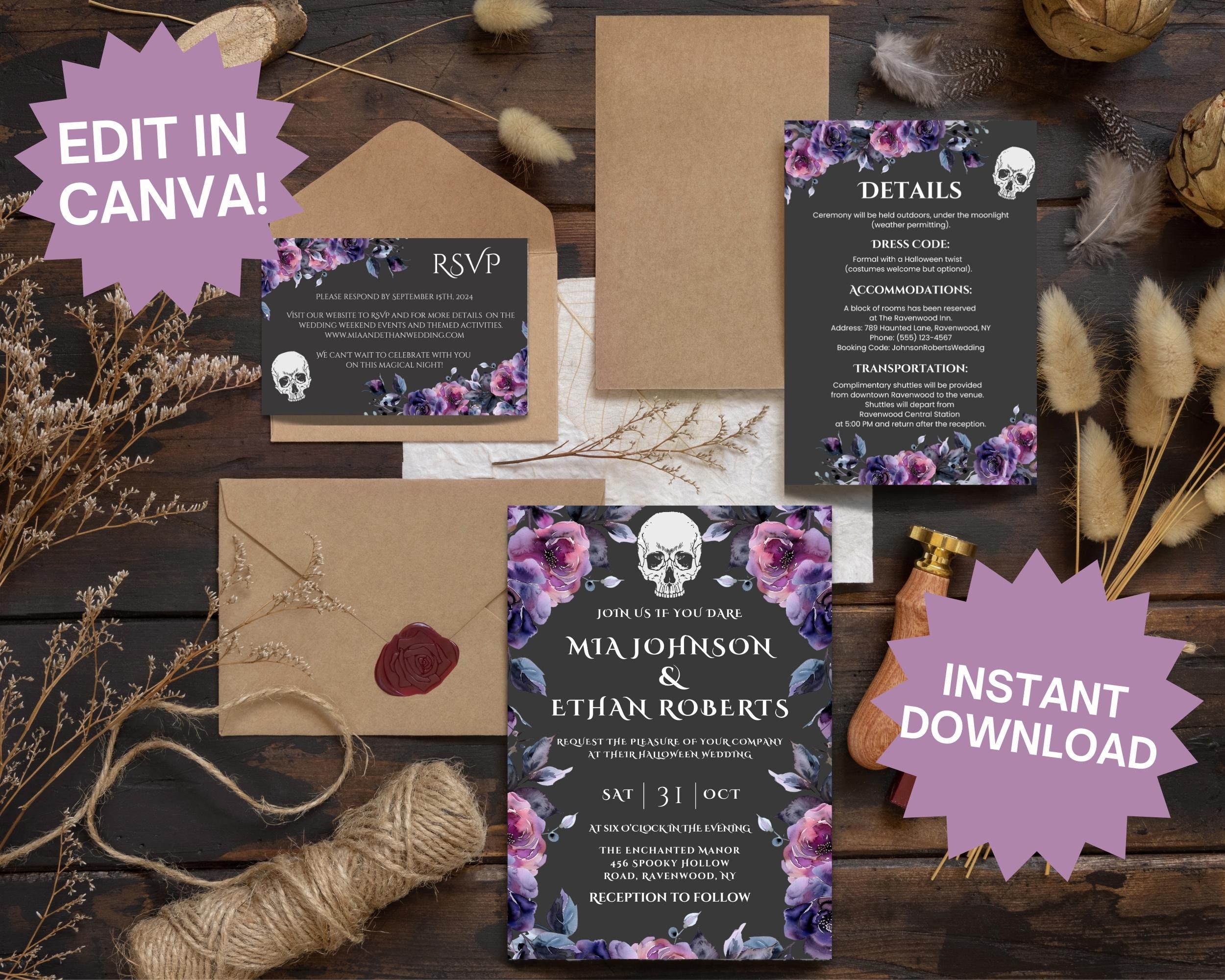 Halloween Wedding Invitation Suite, DIY Fully Editable Template ...