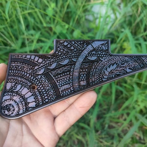 Guitar pickguard for Gibson, made from wood, laser engraved.Design letters or names as desired.