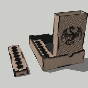 May include: A wooden dice tower with a dragon design on the front. The tower has a removable tray with compartments for dice. There is also a separate tray with compartments for dice.