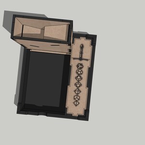 May include: A wooden box with a black interior and a removable compartment. The box has a slot for a sword and a row of dice. The box is open and the compartment is removed.