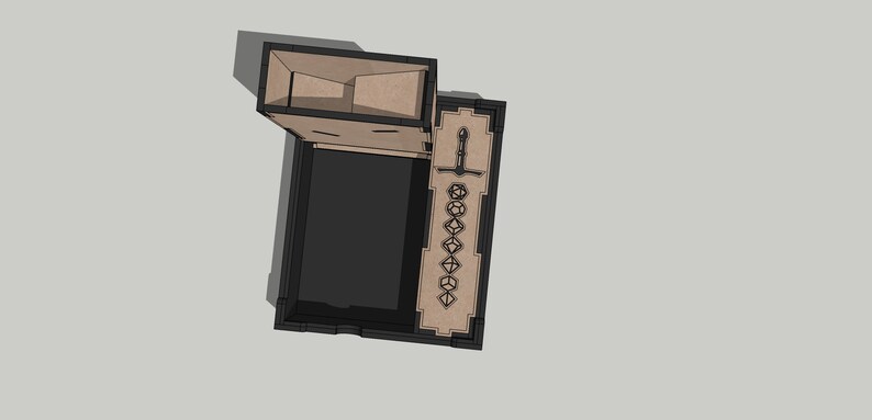 May include: A wooden box with a black interior and a removable compartment. The box has a slot for a sword and a row of dice. The box is open and the compartment is removed.