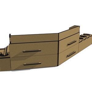 May include: A brown cardboard organizer with two drawers and a section with six compartments. The organizer is designed to hold small items like paint bottles or other craft supplies.