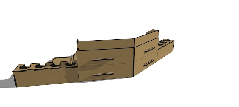 May include: A brown cardboard organizer with two drawers and a section with six compartments. The organizer is designed to hold small items like paint bottles or other craft supplies.