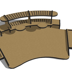 May include: A brown wooden desk organizer with a curved surface and two small trays. The organizer has a top shelf with a grid of holes for holding pens and pencils. The organizer is designed for use on a desk or table.