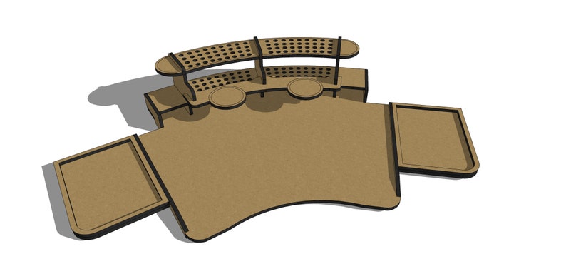 May include: A brown wooden desk organizer with a curved surface and two small trays. The organizer has a top shelf with a grid of holes for holding pens and pencils. The organizer is designed for use on a desk or table.
