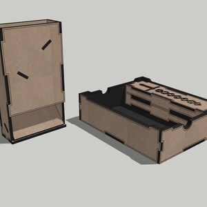 May include: A wooden box with a sliding drawer and a separate compartment for dice. The box is made of brown wood with black accents. The compartment for dice has a small slot for holding dice.