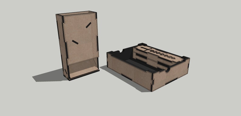 May include: A wooden box with a sliding drawer and a separate compartment for dice. The box is made of brown wood with black accents. The compartment for dice has a small slot for holding dice.