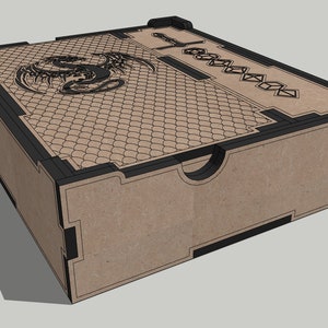 May include: A brown wooden box with a black dragon design on the lid. The box has a black trim and a hinged lid. The box is designed to hold dice and other gaming accessories.