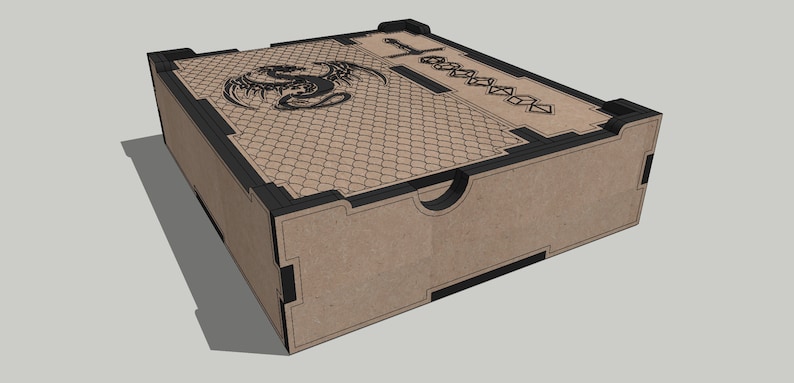 May include: A brown wooden box with a black dragon design on the lid. The box has a black trim and a hinged lid. The box is designed to hold dice and other gaming accessories.