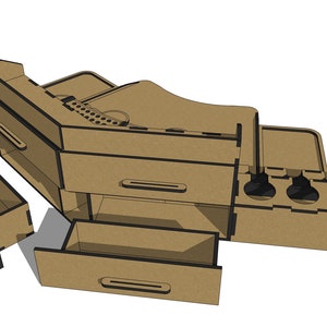 May include: A brown wooden organizer with multiple compartments and drawers. The organizer has a built-in cup holder and a small shelf. The organizer is designed to fit in a car.