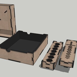 May include: A set of wooden dice trays and a dice tower. The dice tower has a slot for rolling dice. The trays have compartments for different types of dice.