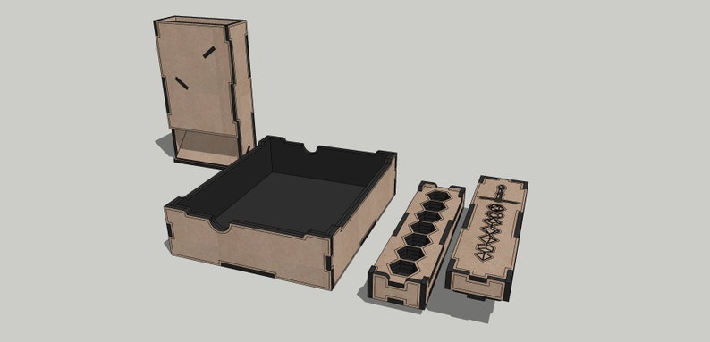 May include: A set of wooden dice trays and a dice tower. The dice tower has a slot for rolling dice. The trays have compartments for different types of dice.