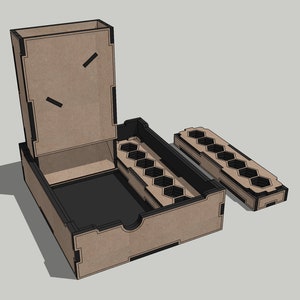 May include: A wooden dice tower with a removable tray for storing dice. The tower has a hinged lid and a compartment for dice. The tray has 10 hexagonal compartments for dice.