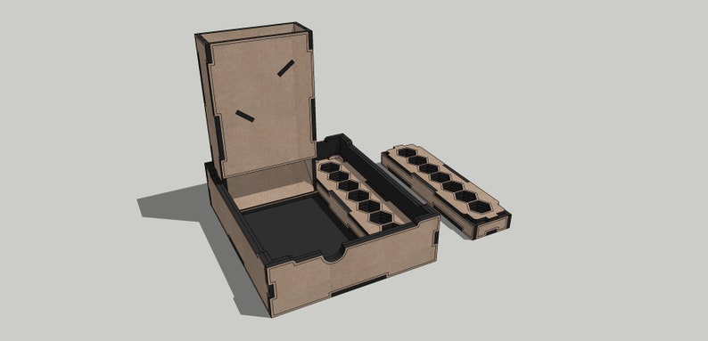 May include: A wooden dice tower with a removable tray for storing dice. The tower has a hinged lid and a compartment for dice. The tray has 10 hexagonal compartments for dice.