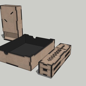 May include: A wooden dice tower with a removable tray and a separate dice rolling tray. The dice tower has a slot for rolling dice and a compartment for storing dice. The dice rolling tray has a compartment for storing dice and a slot for rolling dice.