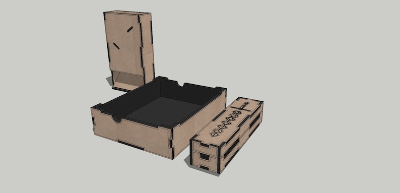 May include: A wooden dice tower with a removable tray and a separate dice rolling tray. The dice tower has a slot for rolling dice and a compartment for storing dice. The dice rolling tray has a compartment for storing dice and a slot for rolling dice.