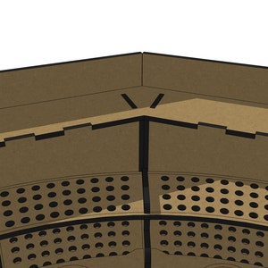 May include: A brown cardboard game organizer with multiple compartments and a slotted top. The organizer has a grid pattern on the bottom and a raised section on the top.